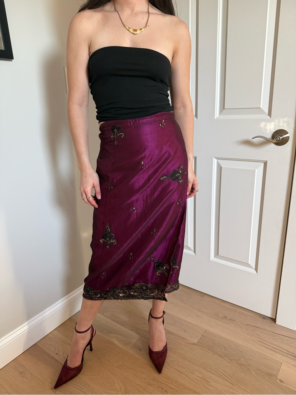 90s Dark Romantic Feminine 100% Silk Beaded Sequin Midi Adjustable Pareo Skirt
